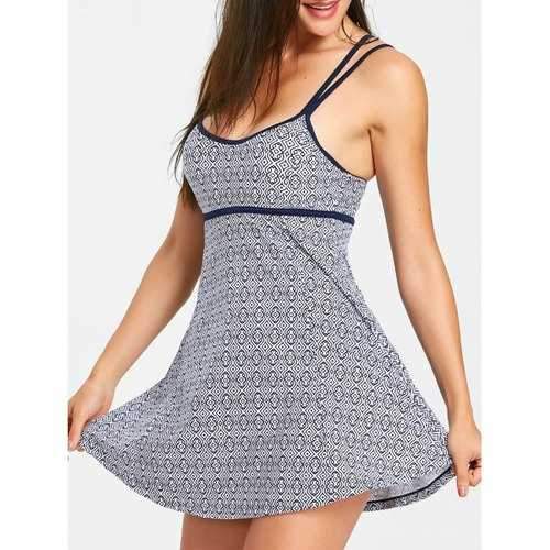 Spaghetti Strap Print Skirted Swimsuit - Cerulean S