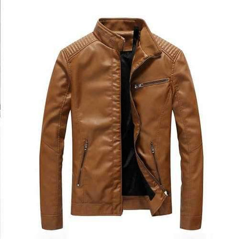 Thin Cotton Inner Men Autumn Solid Leather Jacket - Brown M