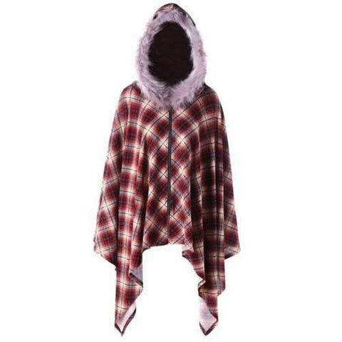 Plus Size Plaid Faux Fur Hooded Poncho Coat - Red Xl