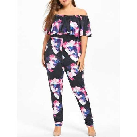 Floral Plus Size Flounce Off The Shoulder Jumpsuit - Black 4xl