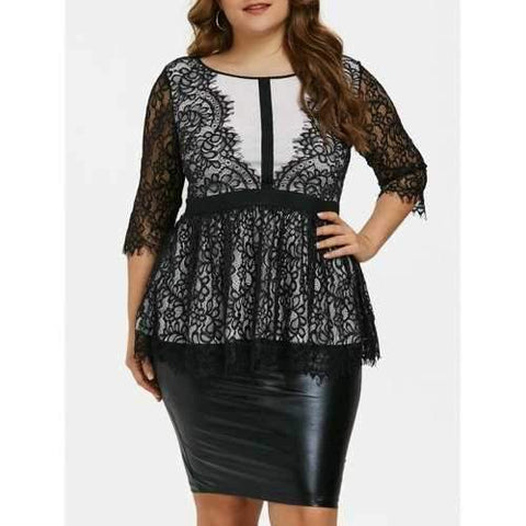 Plus Size Lace Peplum Top - White And Black Xl