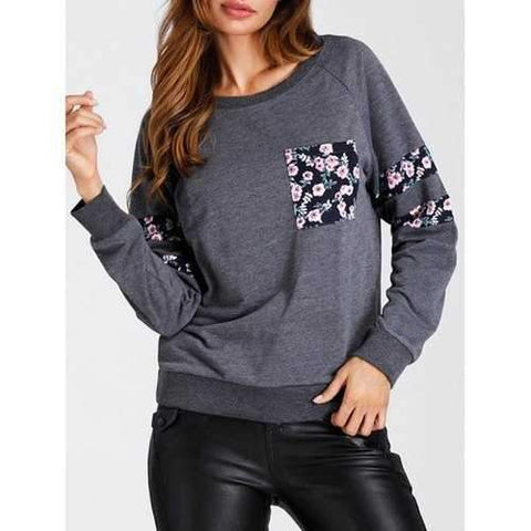 Floral Print Patched Pocket Sweatshirt - Gray M