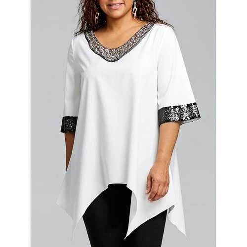 Plus Size Two Tone Sequined Blouse - Off-white Xl