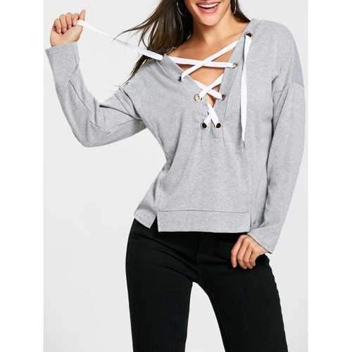 Plunging Neck Lace Up Sweatshirt - Gray M