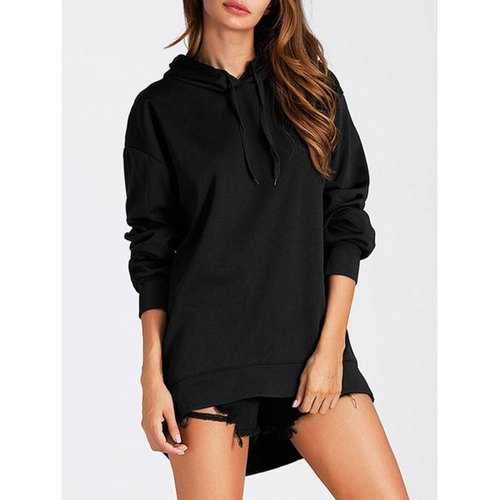 High Low Tunic Pullover Hoodie - Black M