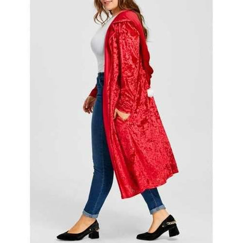 Plus Size Hooded Pom Ball Velvet Maxi Coat - Red Xl