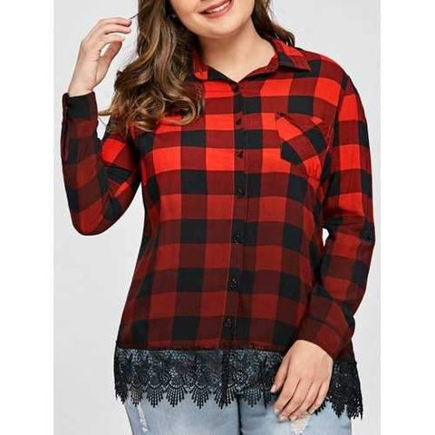 Plus Size Lace Insert Ombre Color Plaid Shirt - Checked Xl