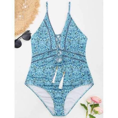 One Piece Floral Lace-up Swimsuit - Blue S