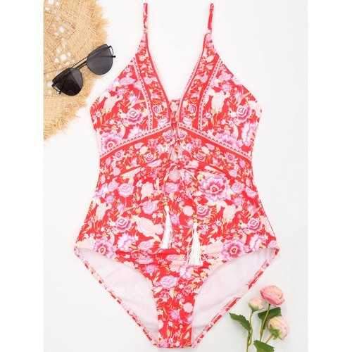 Floral Lace-up Swimsuit with Tassels - Red S