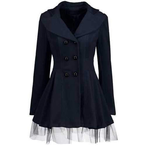 Mesh Panel Wool Blend Skirted Trench Coat - Purplish Blue L