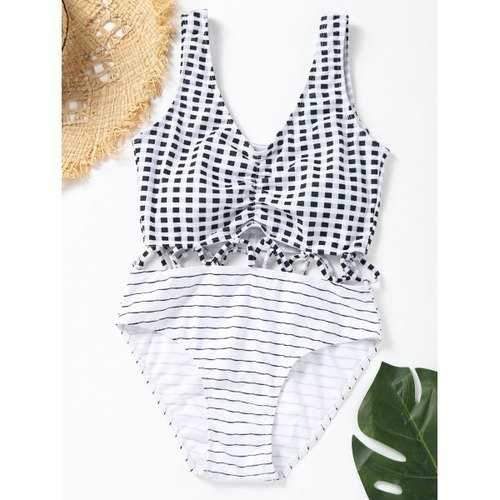 Striped Plaid One Piece Swimsuit - White And Black L