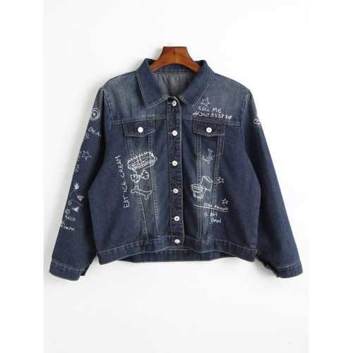 Plus Size Embroidered Denim Jacket - Denim Blue 5xl