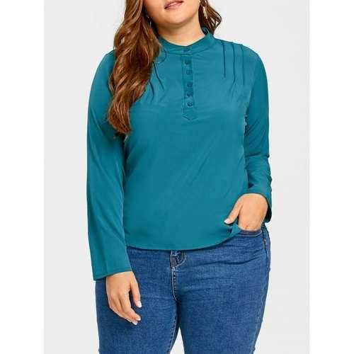 Plus Size Button Embellished High Low Blouse - Peacock Blue 5xl