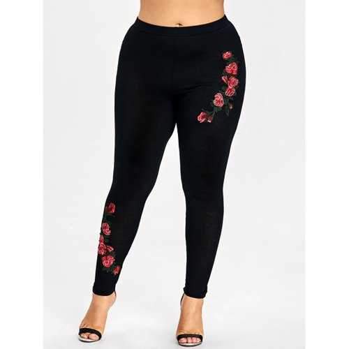 Plus Size Embroidery Floral Leggings - Black Xl