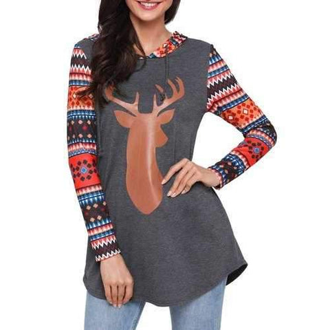 Christmas Deer and Geometric Patterned Tunic Hoodie - Red M