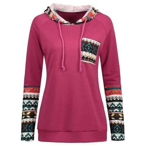 Drawstring Ethnic Print Panel Tunic Hoodie - Purplish Red S