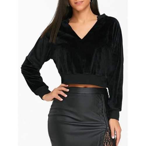 V Neck Raglan Sleeve Velvet Cropped Sweatshirt - Black S