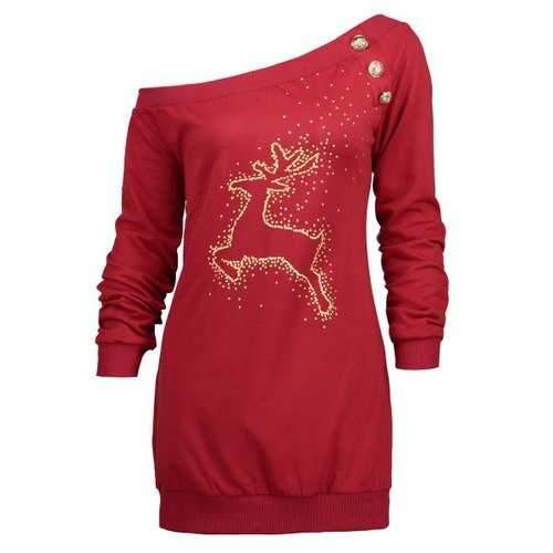 Christmas Reindeer Print Tunic Skew Neck Sweatshirt - Red S