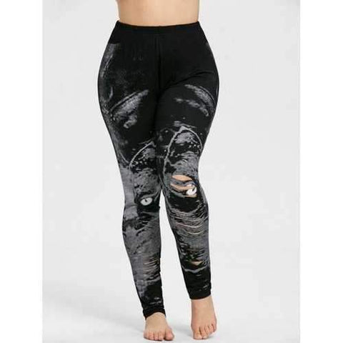 Plus Size Cat Print Shredding Leggings - Black Xl