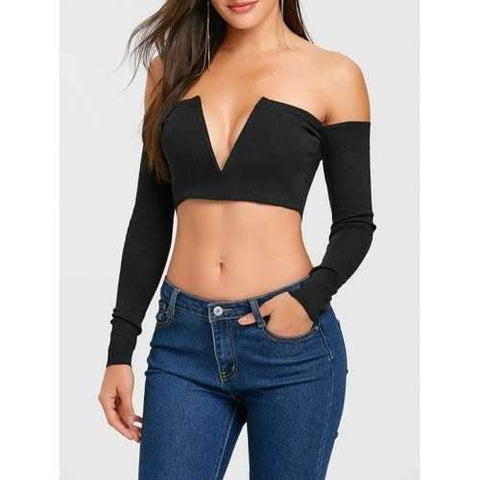 Strapless V Cut Long Sleeve Crop Top - Black L