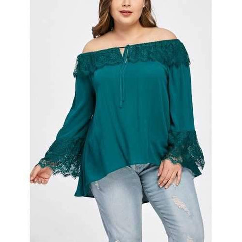 Plus Size Lace Overlay Off The Shoulder Blouse - Malachite Green Xl