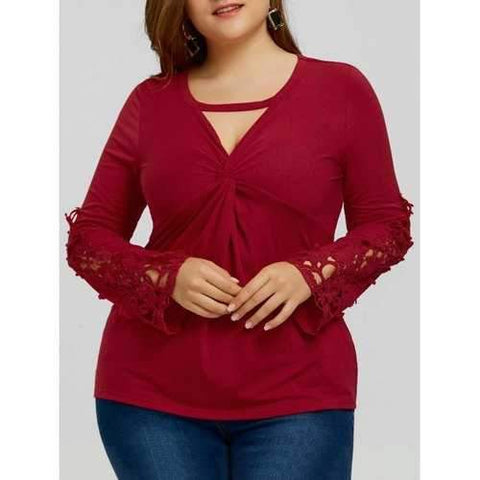 Plus Size Bust Twist Crochet Keyhole Blouse - Wine Red Xl