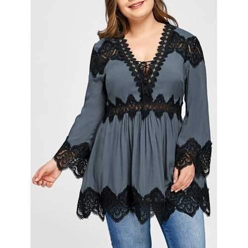 Plus Size Long Sleeve Lace Panel Peplum Blouse - Gray Xl