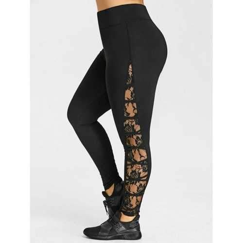 Criss Cross Plus Size Lace Panel Leggings - Black Xl