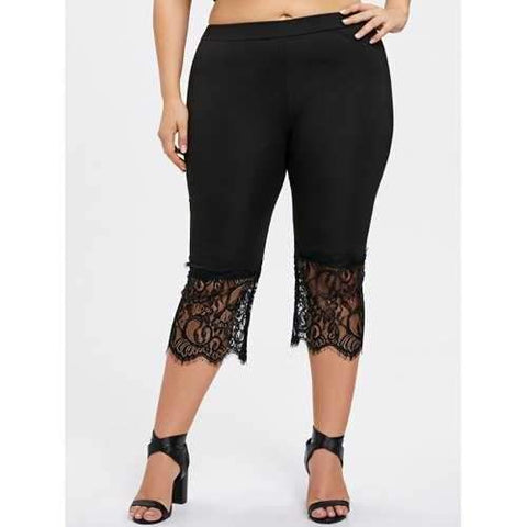 Plus Size Lace Trim Capri Pants - Black Xl