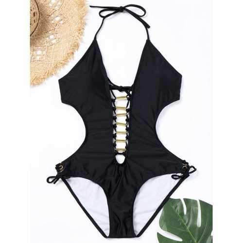 Lace-up Backless One Piece Swimsuit - Black S