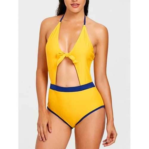 Two Tone Cut Out Bralette Swimsuit - Yellow 2xl