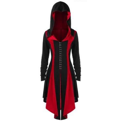 Plus Size Lace Up Hooded Coat - Black&red Xl