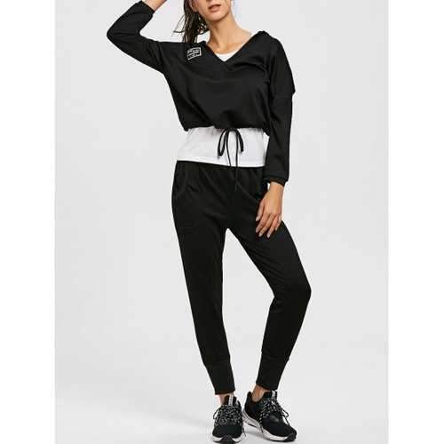 Racerback Tank Drop Shoulder Hoodie and Jogger Pants Suit - Black S