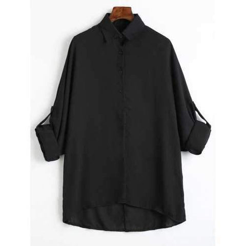 Plus Size Roll Up Sleeve Chiffon Blouse - Black 2xl