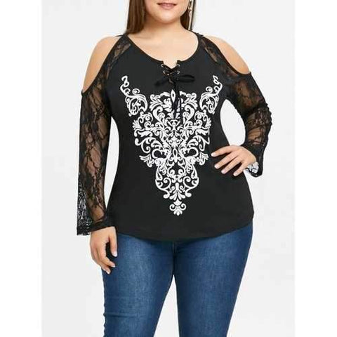 Plus Size Open Shoulder Graphic Blouse - Black 4xl