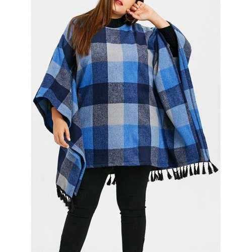 Plus Size Plaid Tassel Batwing Sleeve Coat - Blue Xl