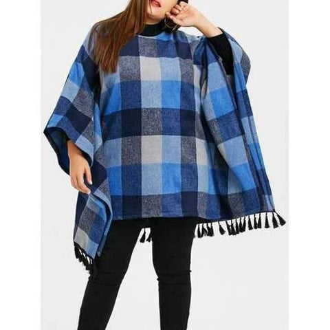 Plus Size Plaid Tassel Batwing Sleeve Coat - Blue Xl