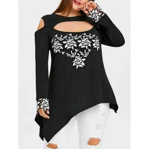 Plus Size Cold Shoulder Asymmetric Embroidery Blouse - Black Xl