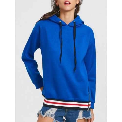 Drawstring Stripe Trim Drop Shoulder Tunic Hoodie - Blue L