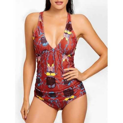 Cross Back Plunge Neck Printed Swimsuit - Red S