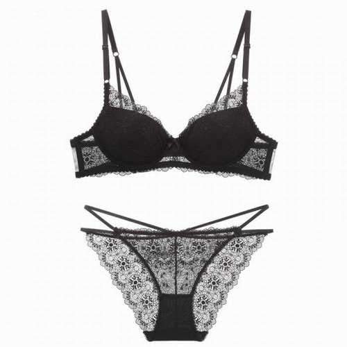 Women Push Up Deep V Lace Bra Sexy Lace Underwear Suits - Black 85c