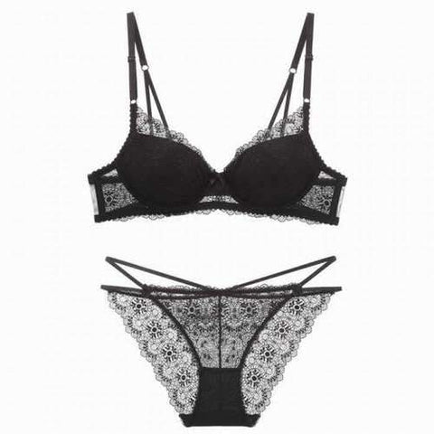 Women Push Up Deep V Lace Bra Sexy Lace Underwear Suits - Black 85c