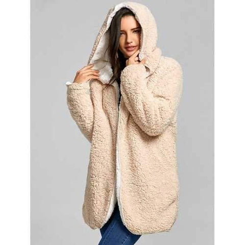 Reversible Fleece Hooded Coat - Light Khaki One Size