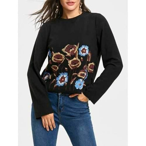 Crew Neck Flower Printed Sweatshirt - Black L