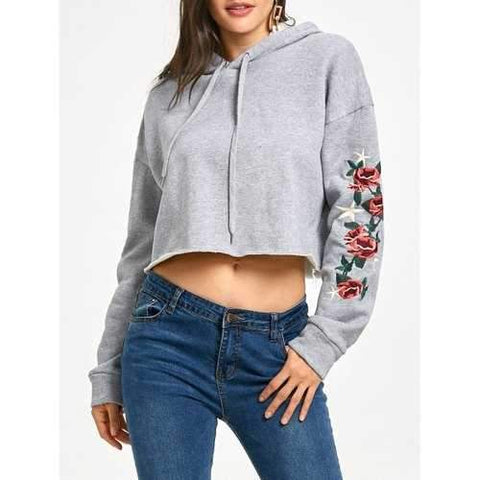 Flocking Star Flower Embroidered Cropped Hoodie - Gray M