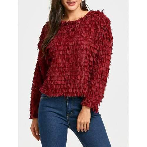 Drop Shoulder Fringed Sweatshirt - Red S