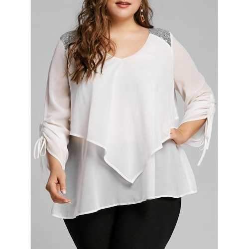 Plus Size Sequined Insert Overlay Blouse - White Xl