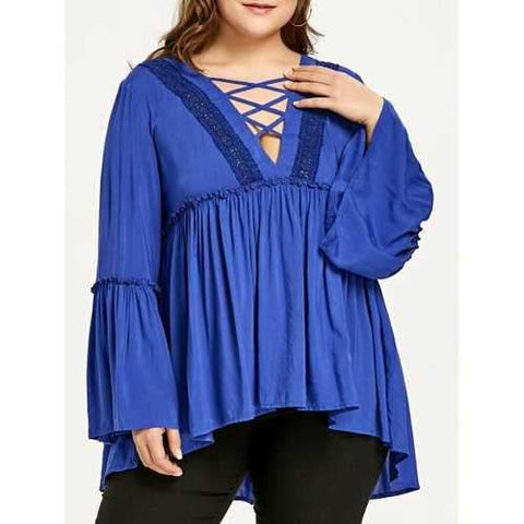 Plus Size Bell Sleeve Dip Hem Smock Blouse - Blue Xl