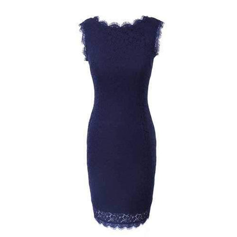 New Style Summer Fashion Elegant Women Embroidery Sexy Lace  Sleeveless Casual Evening Party  Dress - Dark Blue S