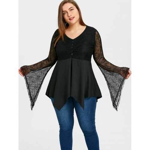 Plus Size Lace Panel Asymmetric Blouse - Black 4xl